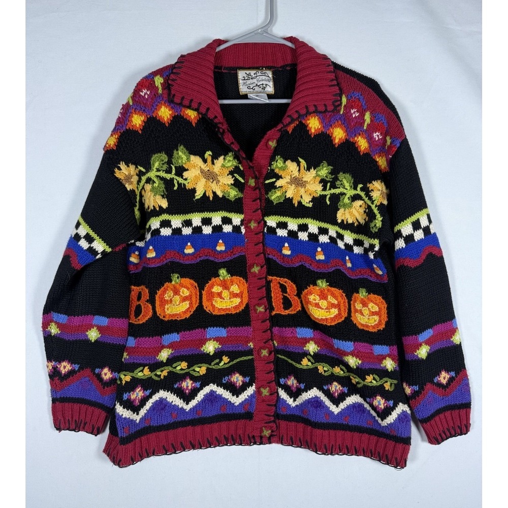 VTG Heirloom Collectibles Halloween Sweater Cardigan Medium Pumpkin Ghost Boo